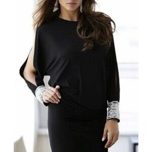 VS Moda International Women's Black beaded open back & arm stretch dress Medium